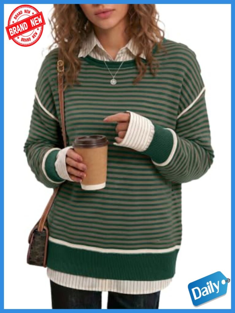 Oversized Striped Pullover Sweater with Ribbed Trim, Long Sleeve Crewneck Knit - Picture 2 of 3